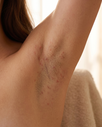 Mia · Tone III · Underarm · Week 0 — stubble, bumps, post-shave irritation