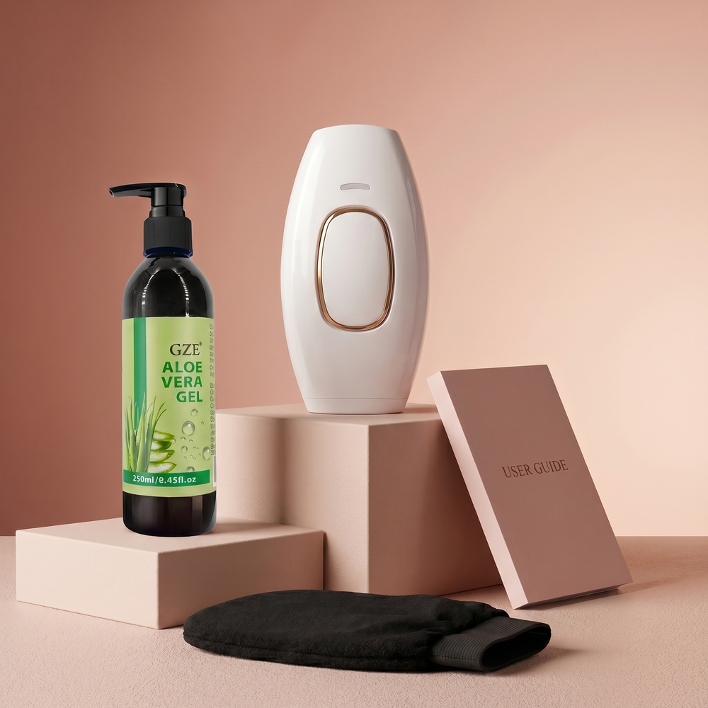 The Glowelle Handset with its free gift set — exfoliating mitt, soothing aloe gel, and 12-week smooth guide