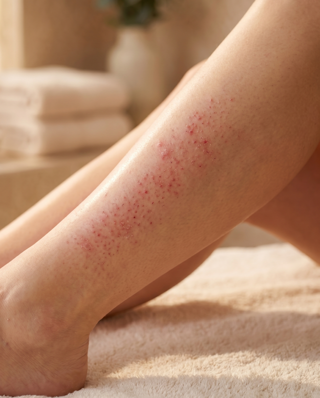 Razor irritation and red bumps on a woman's lower leg — the visual reality of shaving
