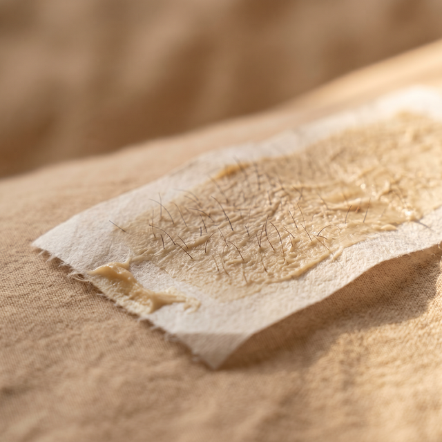 Used cloth wax strip with embedded hairs — the visceral reality of waxing