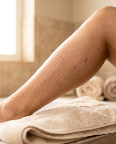 Sara · Tone IV · Lower leg · Week 0 — patchy stubble and razor burn on olive skin